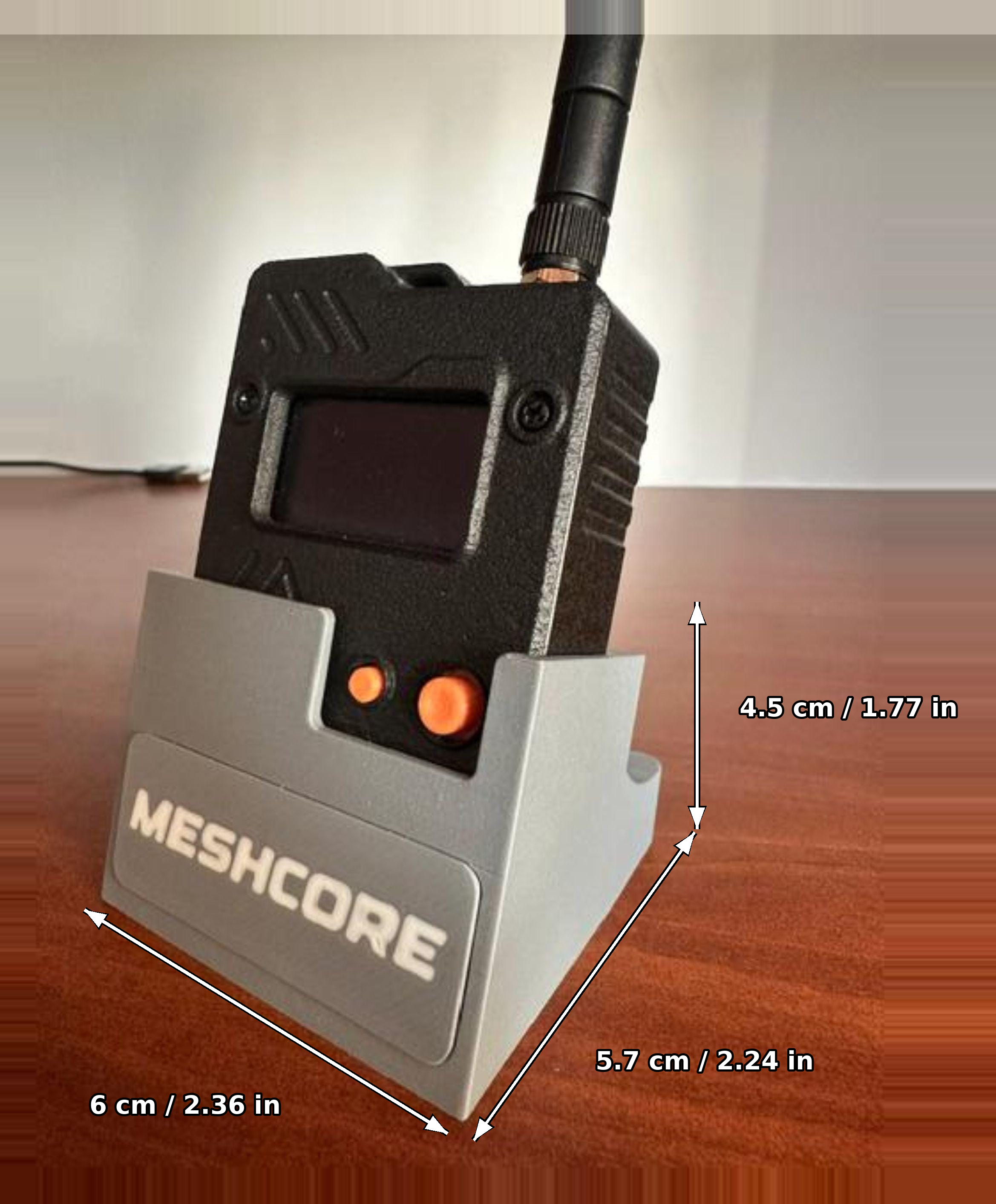 Wio Tracker L1 Pro Meshtastic Desk Stand with Custom Callsign Plate, Charges in Place