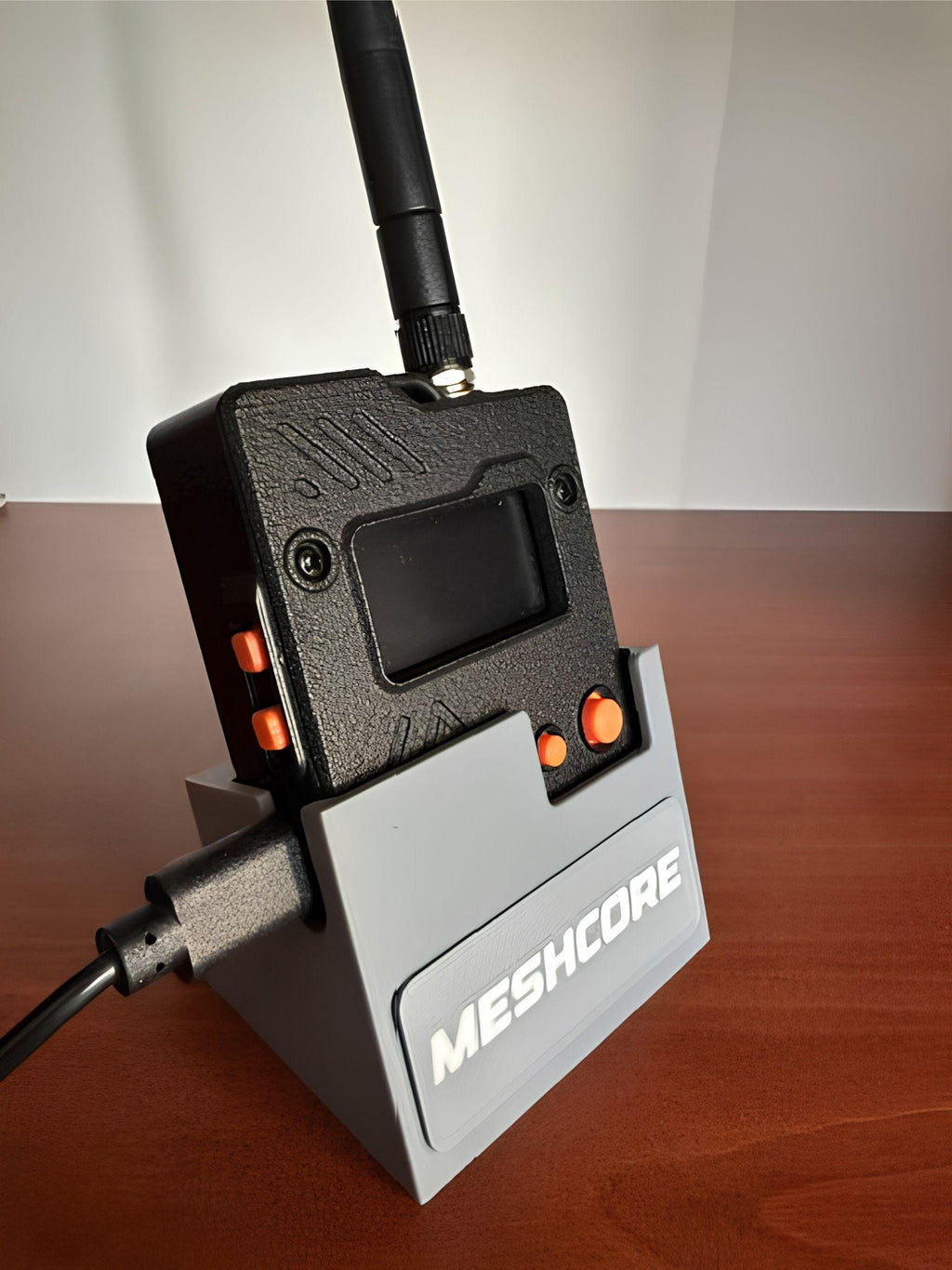 Wio Tracker L1 Pro Meshtastic Desk Stand with Custom Callsign Plate, Charges in Place