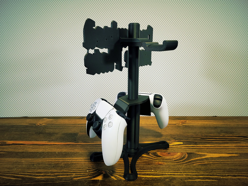 PS5 stand with two DualSense controllers, back left angle