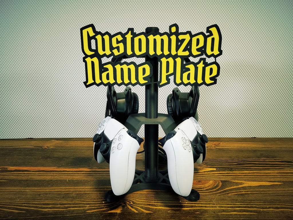 PS5 controller and headphone stand with personalized nameplate, front view