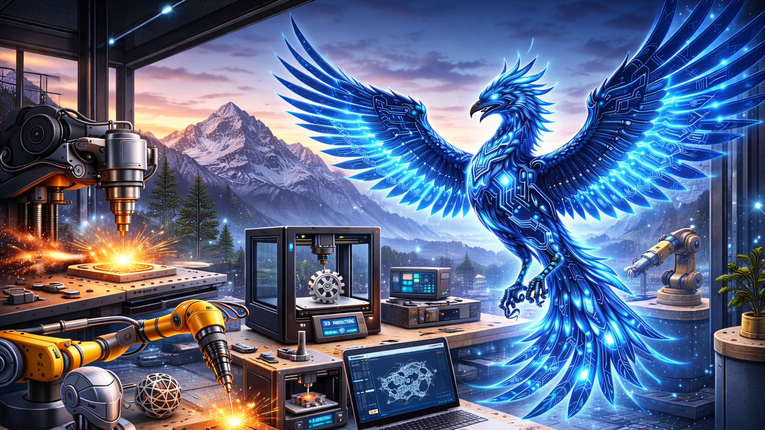Innofenyx workshop with robotic arms, computer equipment, and a glowing blue phoenix in the background.