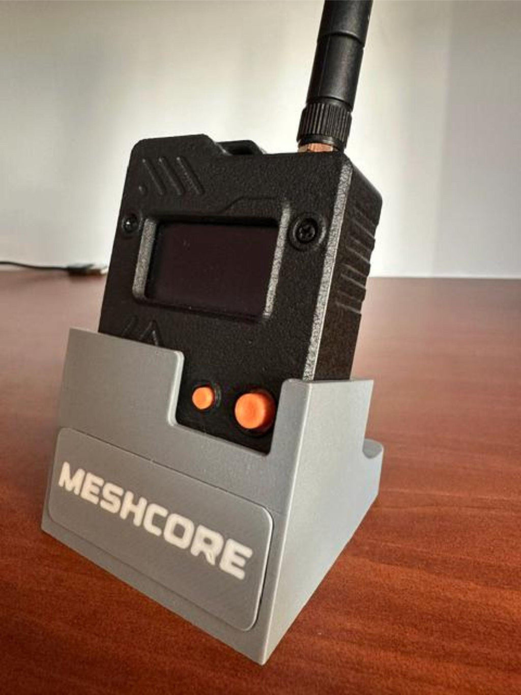 Wio Tracker L1 Pro Meshtastic Desk Stand with Custom Callsign Plate, Charges in Place
